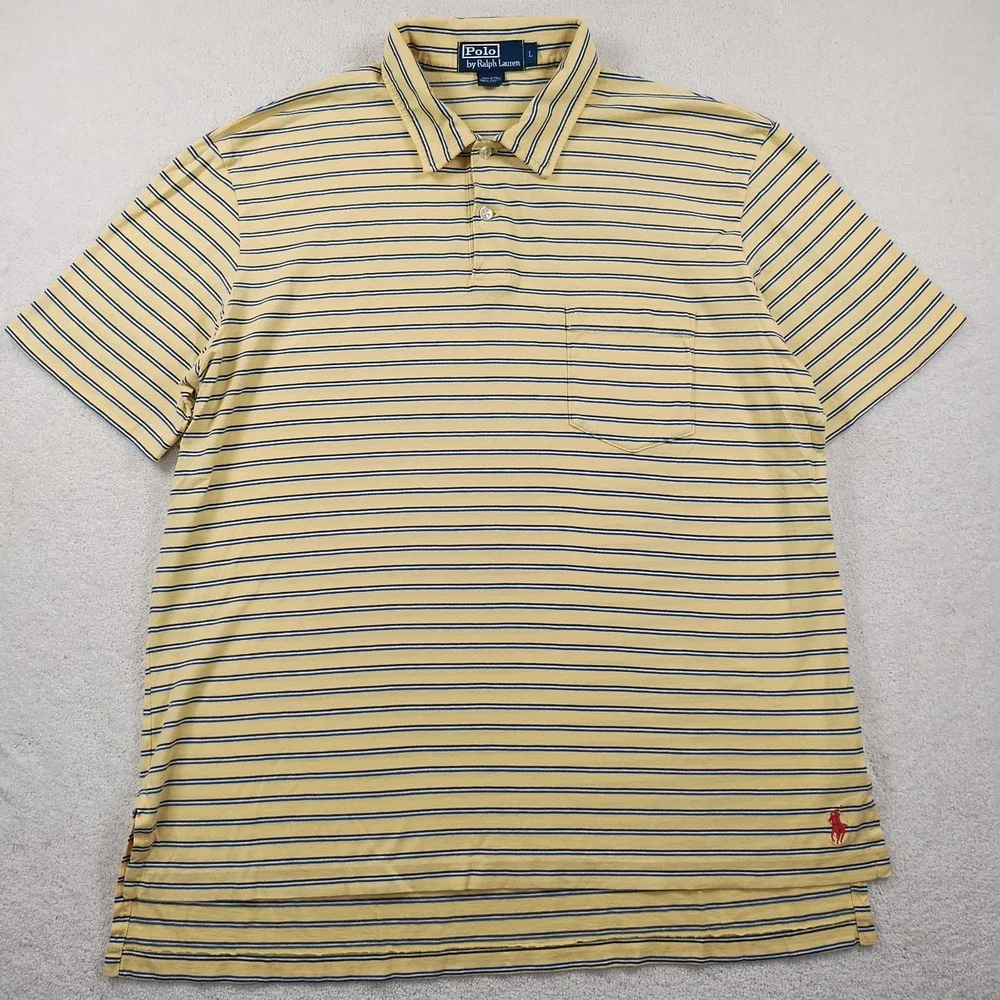 Vintage Polo Ralph Lauren Shirt Men's Large Yellow Striped S/S Casual Pony 90's